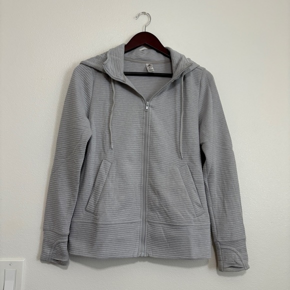 90 degrees Athletic Active Size Medium Gray Ribbed Zip Up Hooded Sweatshirt - Picture 3 of 8